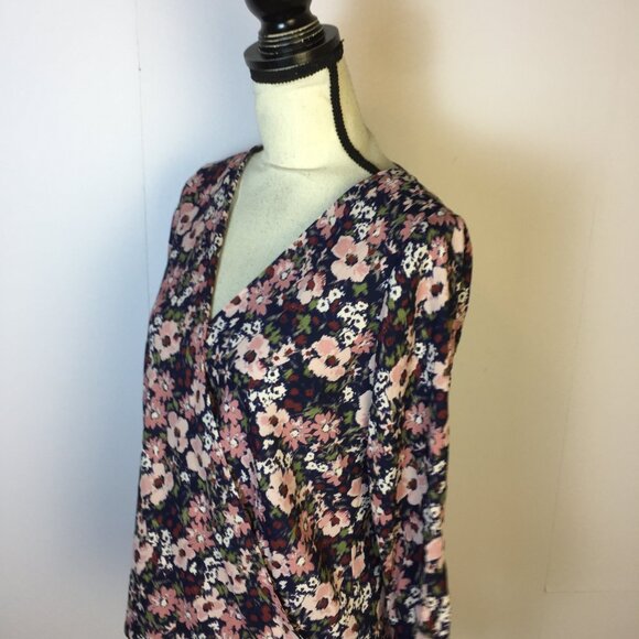 New! BCX Surplice Wrap Blouse Top S Woman's Blue Pink Floral 3/4 Tie Sleeve - Picture 6 of 16